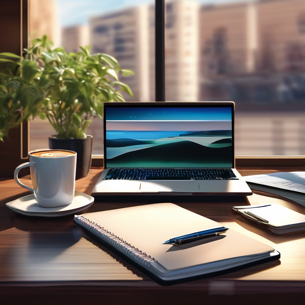 Modern office workspace with laptop, coffee, notebook and plant by the window - representing our professional and welcoming work environment